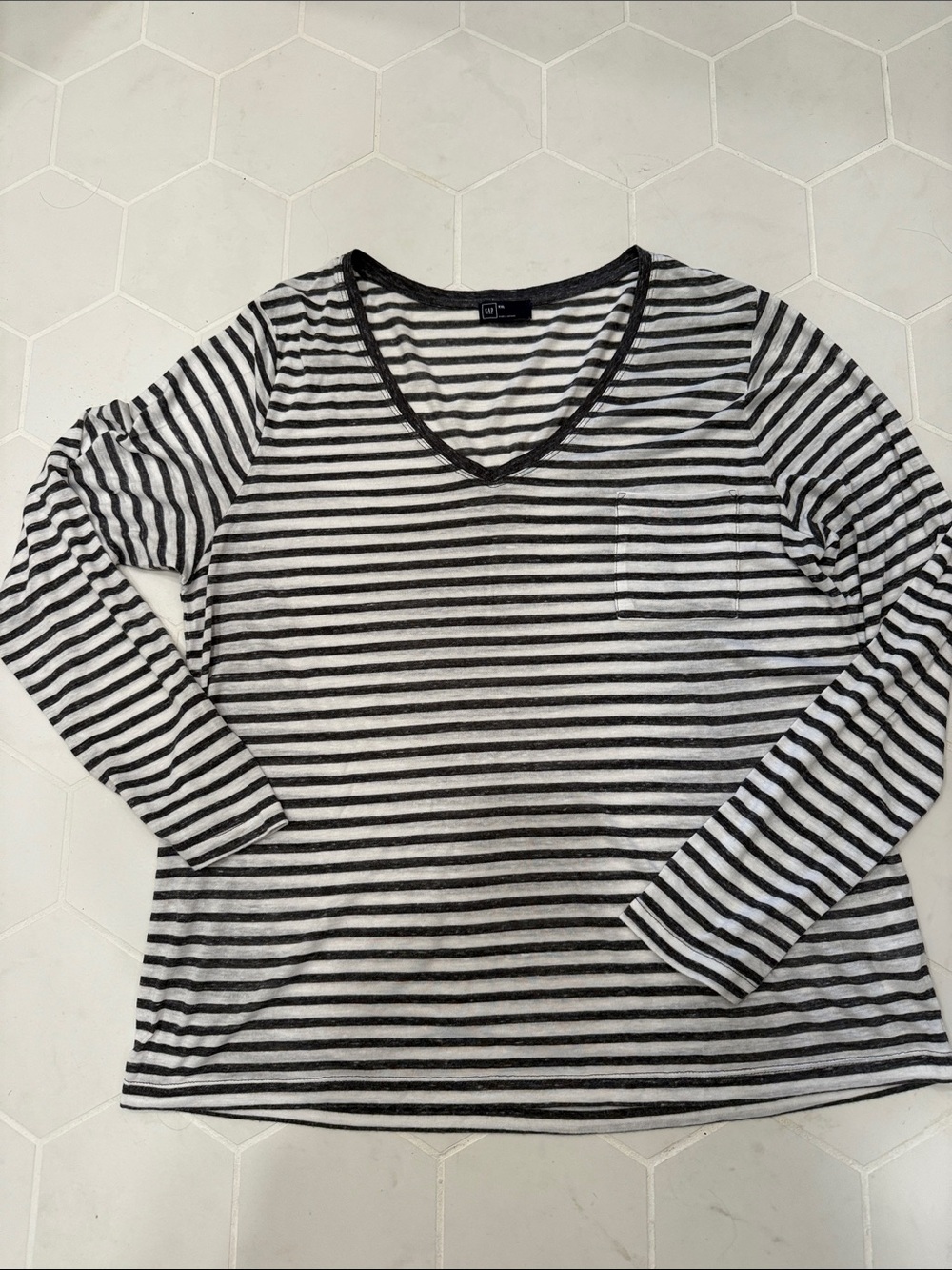 GAP Gray & White Striped V-Neck Long Sleeve Top
